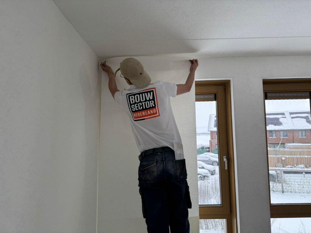 Vakman van Bouwsector Nederland zet een baan behang aan tot tegen het plafond